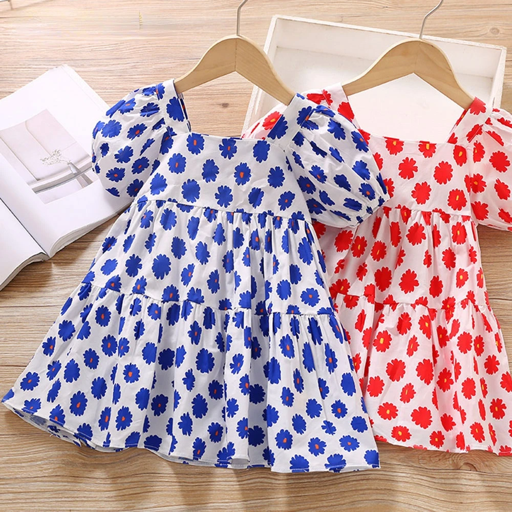 

Casual Floral Toddler Kids Girl Dress 2022 Summer New Cotton Square Collar Puff Print Baby Girls Dresses Princess Girl Clothes