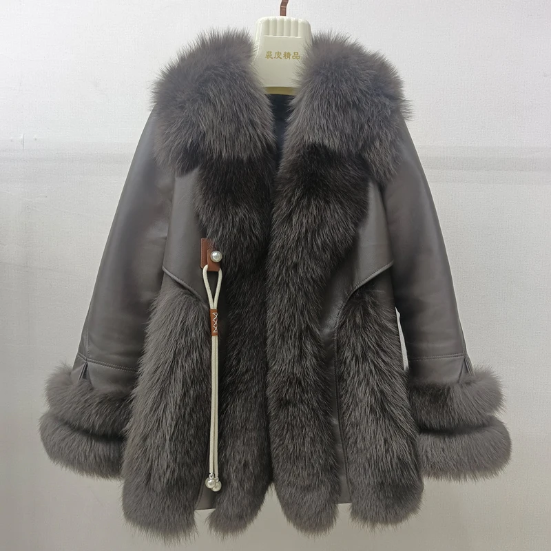 High-end luxury fox fur coat Women's style new down liner jacket leather fashion jacket V-neck windproof warm street jacket enlarge