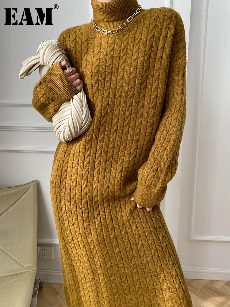

[EAM] Women Khaki Knitting Long Big Size Sweater Dress New Turtleneck Long Sleeve Loose Fit Fashion Autumn Winter 2023 1DF3162