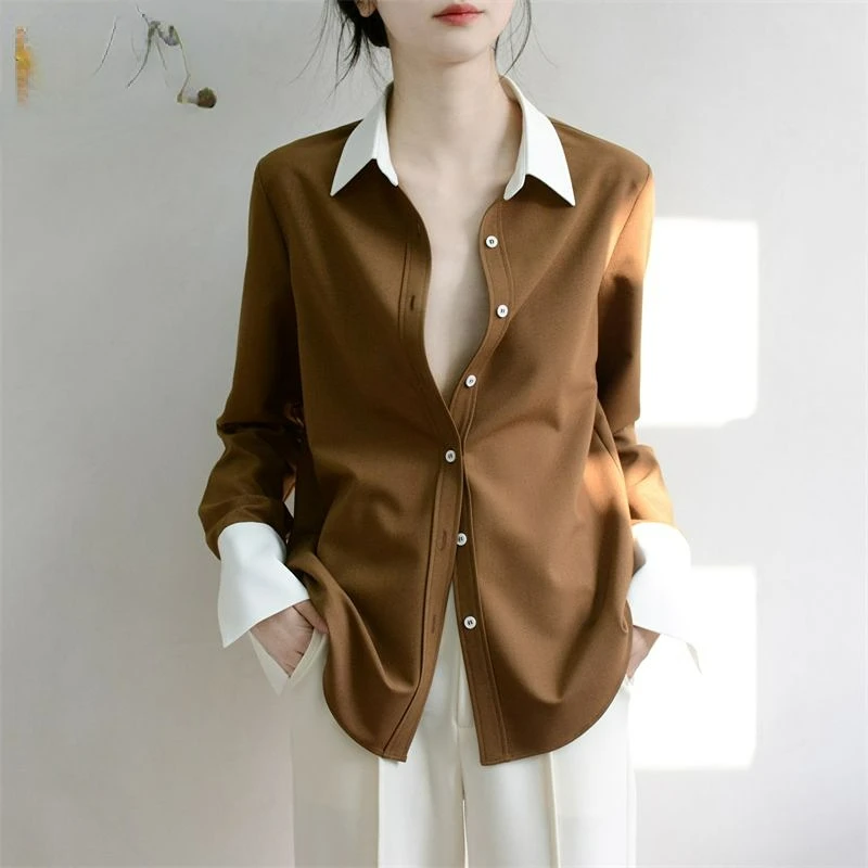 

Women's Clothing 2023 Summer Office Lady Polo-Neck Button Long Sleeve Fashion Long Sleeve All-match Loose Solid Shirt E45