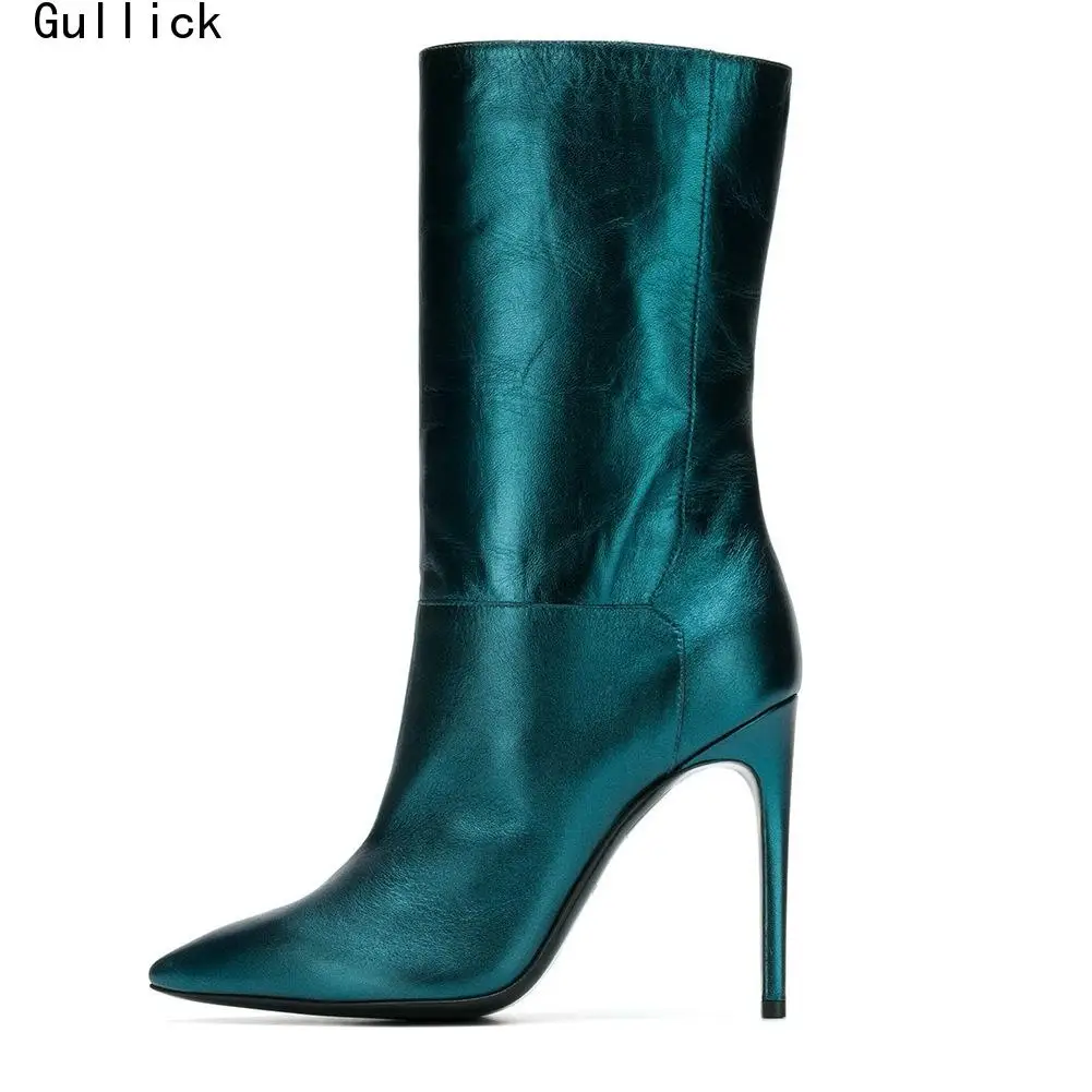 

Green/black Pu Pointed Toe High Heel Mid Boots Slip On Stiletto Heel Boots Pu Lining Splicing Women Sexy Plus Size 46 Boots