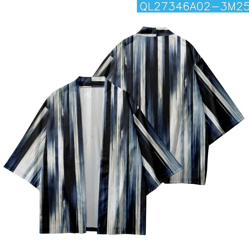 

Men Striped Print Kimono And Pant Set Fashion Costume Streetwear Yukata Japanese Anime Haori Cosplay Clothes