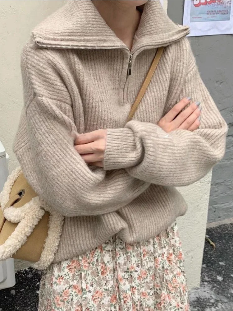 

Women Sweater Oversize Zipper Knitted Pullover Long Sleeve Solid Color Loose Ladies Sweaters Autumn Winter Women's Turtleneck