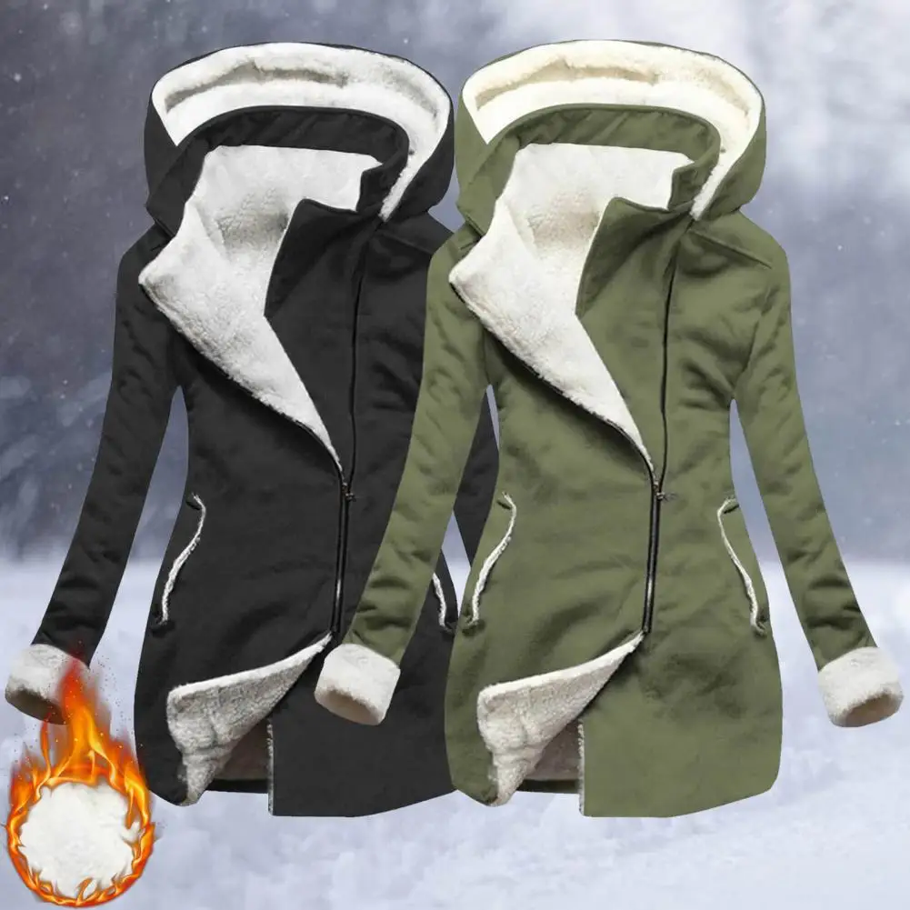 

Women's Coat Winter/Autumn 2022 Smooth Zipper Side Pockets Women Coat Solid Color Fleece Lined Hooded Winter Overcoat Outerwear