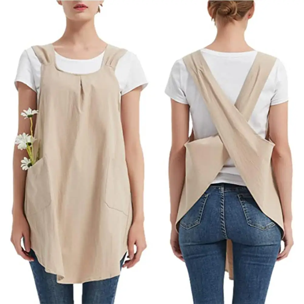 

Women Antifouling Apron Cotton Linen Solid Color Simple Japanese Korean Style Slip Off Cross-shoulder Straps Spacious 2 Colors