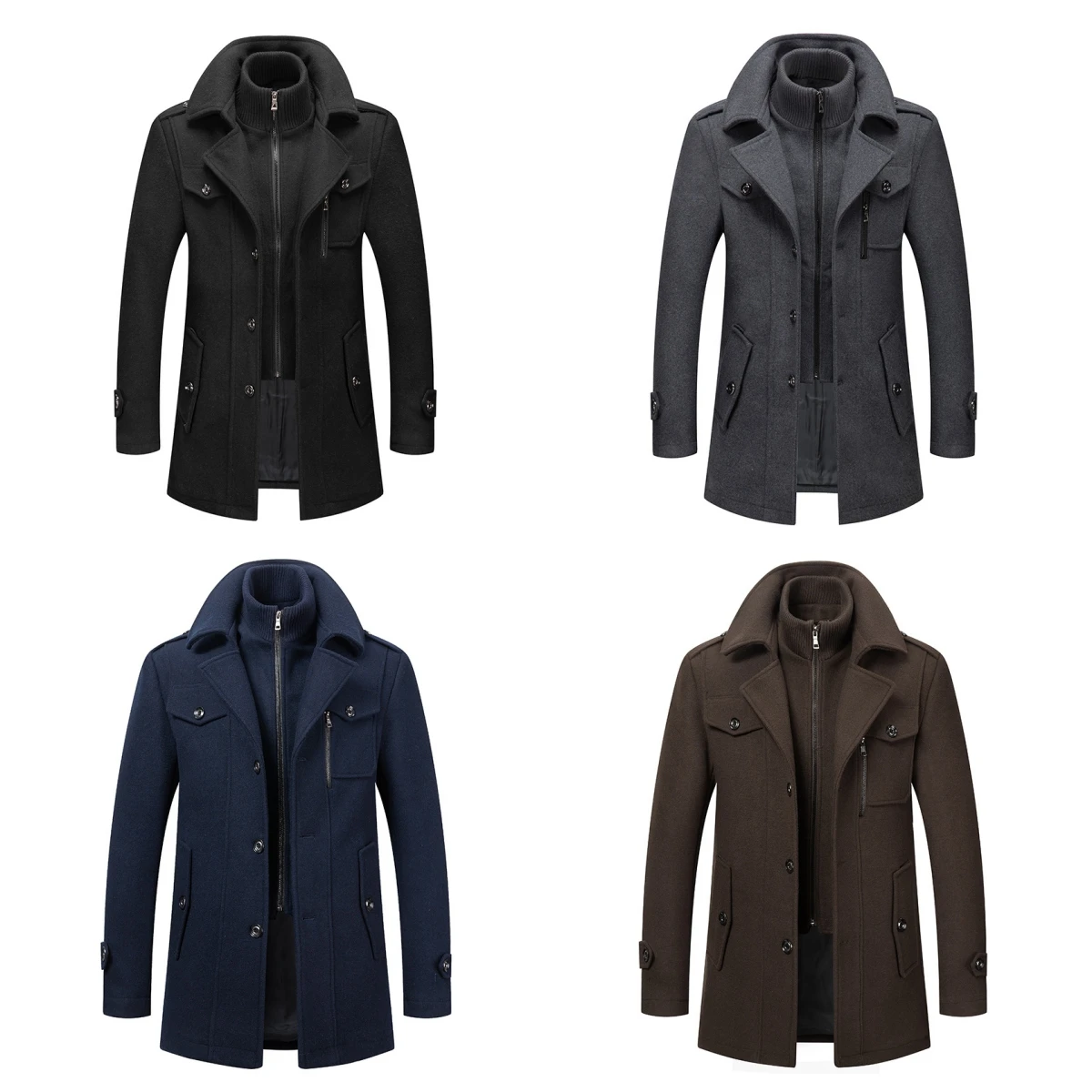 

Мужское шерстяное пальто, однотонное теплое шерстяное пальто со съемным воротником, в стиле смарт-кэжуал, для осени и зимы