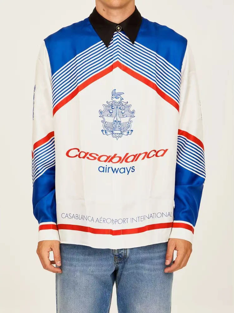 Airways CASABLANCA Long Shirt Silk Men Women High Quality Airline Themed Print Blue White Stripe Hawaii Casual Shirt