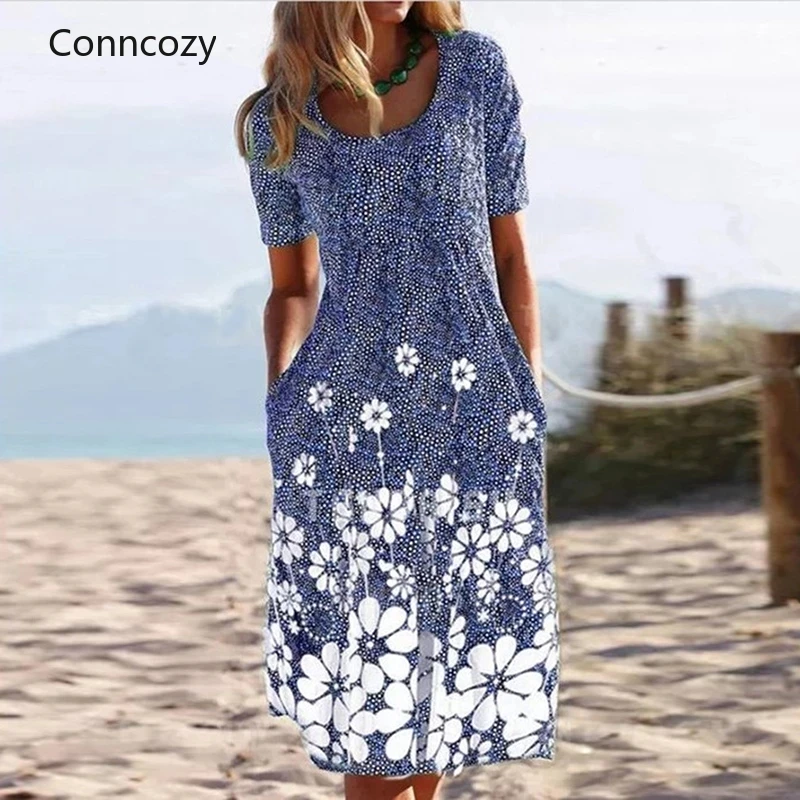 

Summer Women's Print Loose Casual Short-sleeved Dress Beach Midi Dress Bohemian Party Temperament Dresses Women Clothing 2022