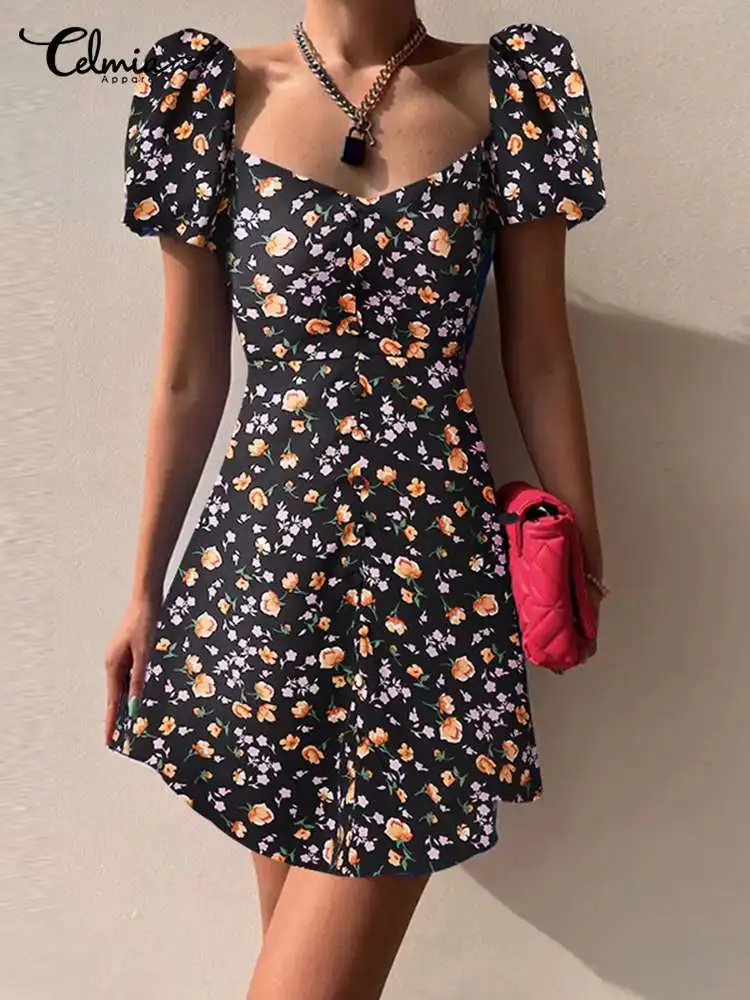 

Women Sexy Square Collar Party Dress Celmia Fashion Floral Puff Sleeve Mini Sundress Summer Elegant Slim Backless Short Robes