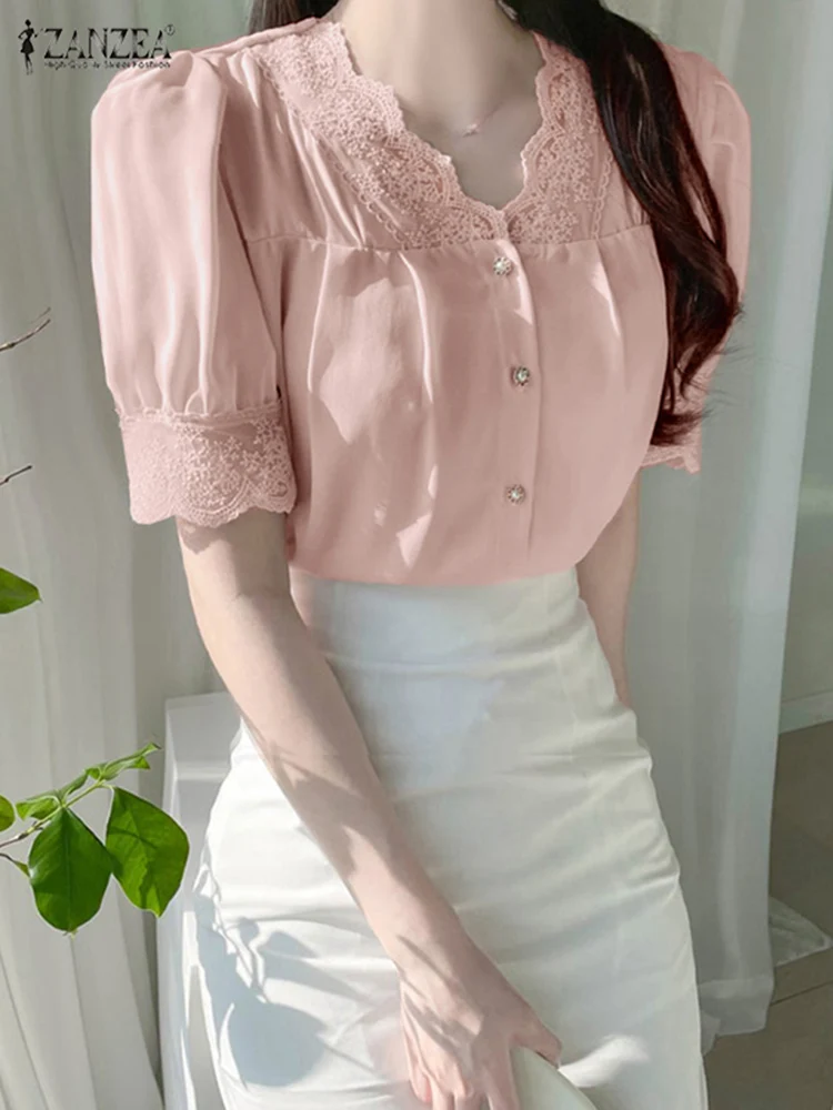 

Блузка ZANZEA женская с V-образным вырезом, элегантная повседневная модная рубашка в офисном стиле, кружевная строчка, белая сорочка с коротким...