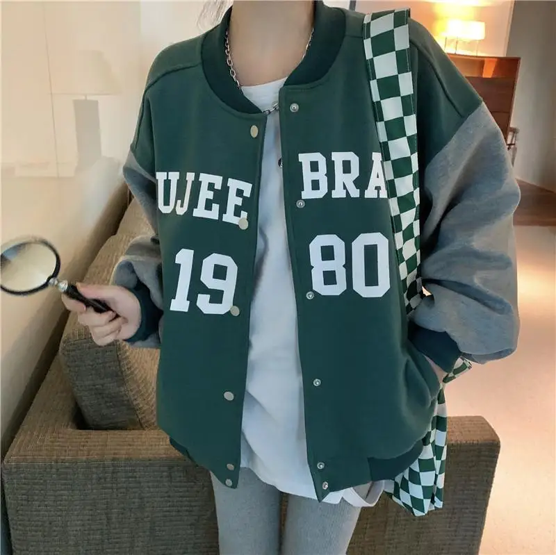 

Baseball Uniform Jacket Women Coats V Neck Autumn Winter 2022 Loose Student Letter Print Ins Harajuku Japanese Fashion Jackets