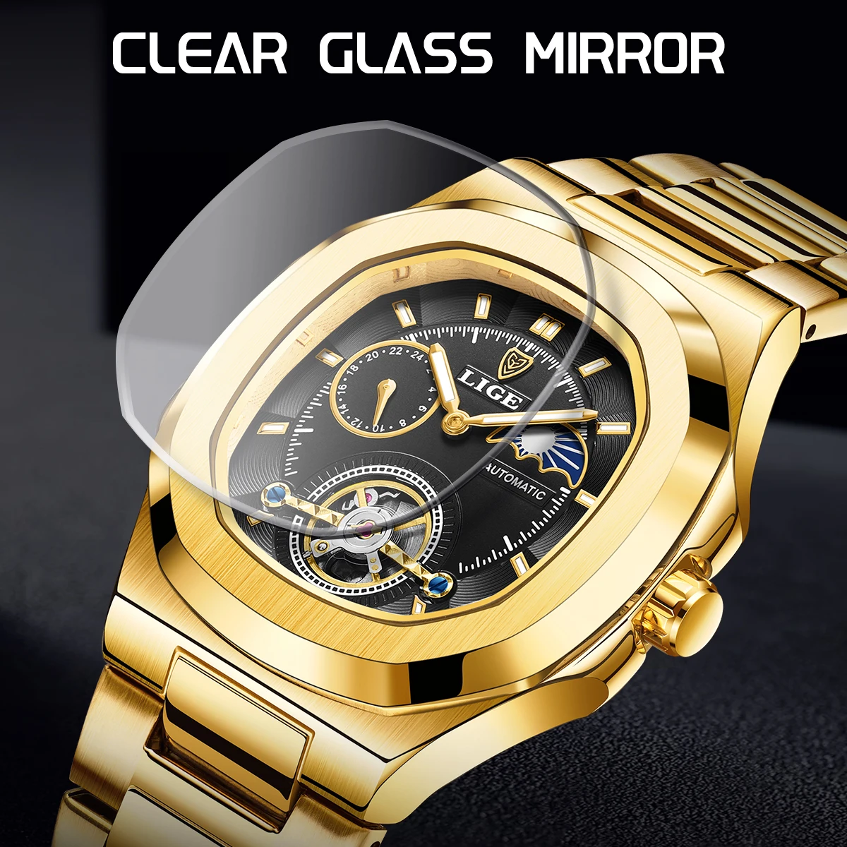 LIGE модные квадратные автоматические часы для мужчин повседневные деловые