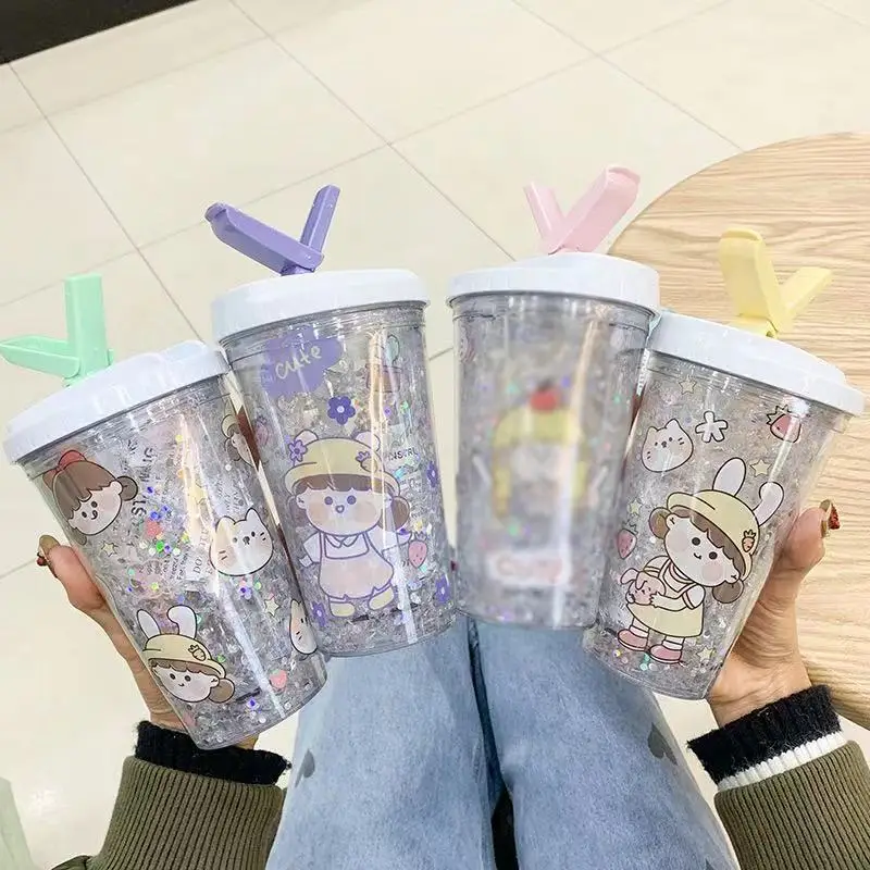 

New summer fashion cute double layer cold drinking water cup student female portable straw cup female outdoor drinking cup