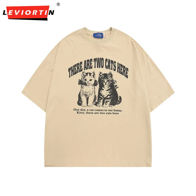

Мужская футболка с потертостями, уличная футболка с рисунком котенка, кошки, Harajuku, лето 2023, футболка в стиле хип-хоп, хлопковые свободные фут...