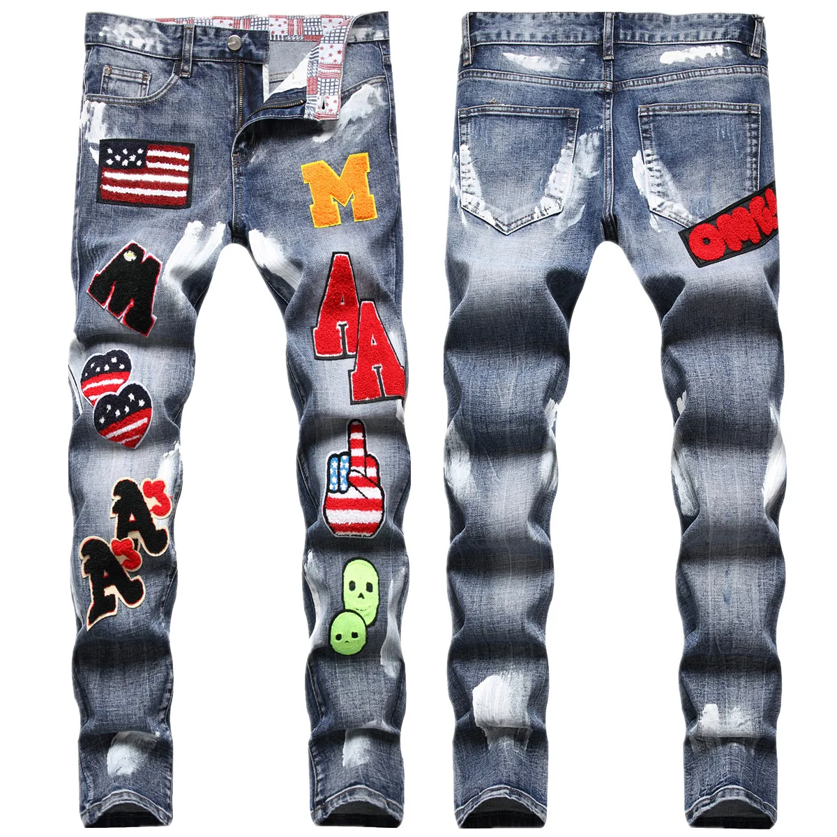 Casual Printed Men's Jeans Fashion Sports Men's Jeans Letter Cartoon Straight Elastic Pants Zipper All Season Slim Pants Men