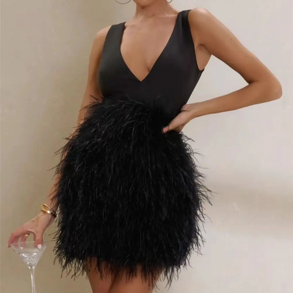 

Uniqueg Women Vest Furry Lace-Up Dress Slim-Fit Thin Waist Sleeveless Feather Dress Elegant Backless Black Mini Dress