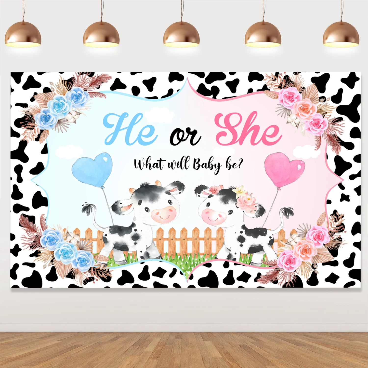 

Holy Cow Gender Reveal Backdrop He or She What Will Baby Be Photography Background Boho Pink and Blue Floral Party Decorations