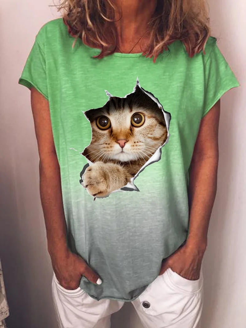 

Women Fashion T-shirt O Neck Tops Summer Casual Blouses Gradient Color Tee Shirt Ladies Cat Print Short Sleeve Top Loose T-shirt