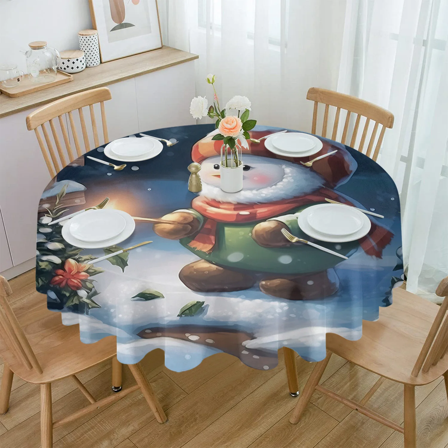 

Christmas Snowman Christmas Tree Round Tablecloth Party Kitchen Dinner Table Cover Holiday Decor Waterproof Tablecloths