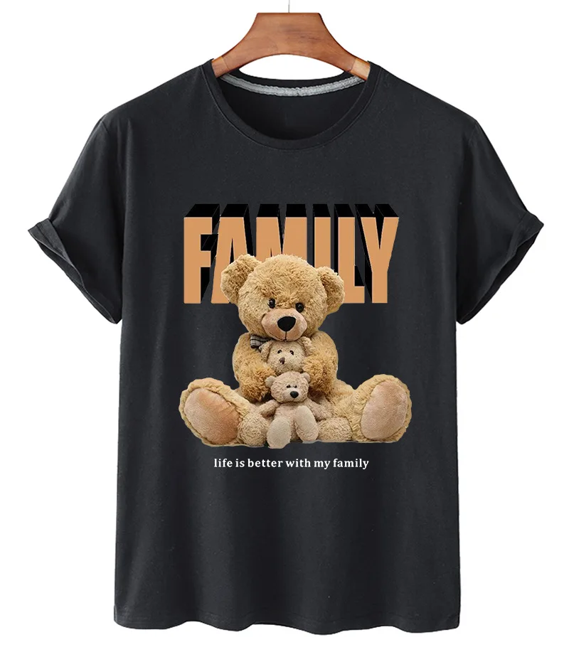 

100% Cotton Family Bear Women's Shirt Top Short Sleeve O Neck Wide T-Shirt Women's Plus Size T-Shirt KJ Men's and Women's S-4XL