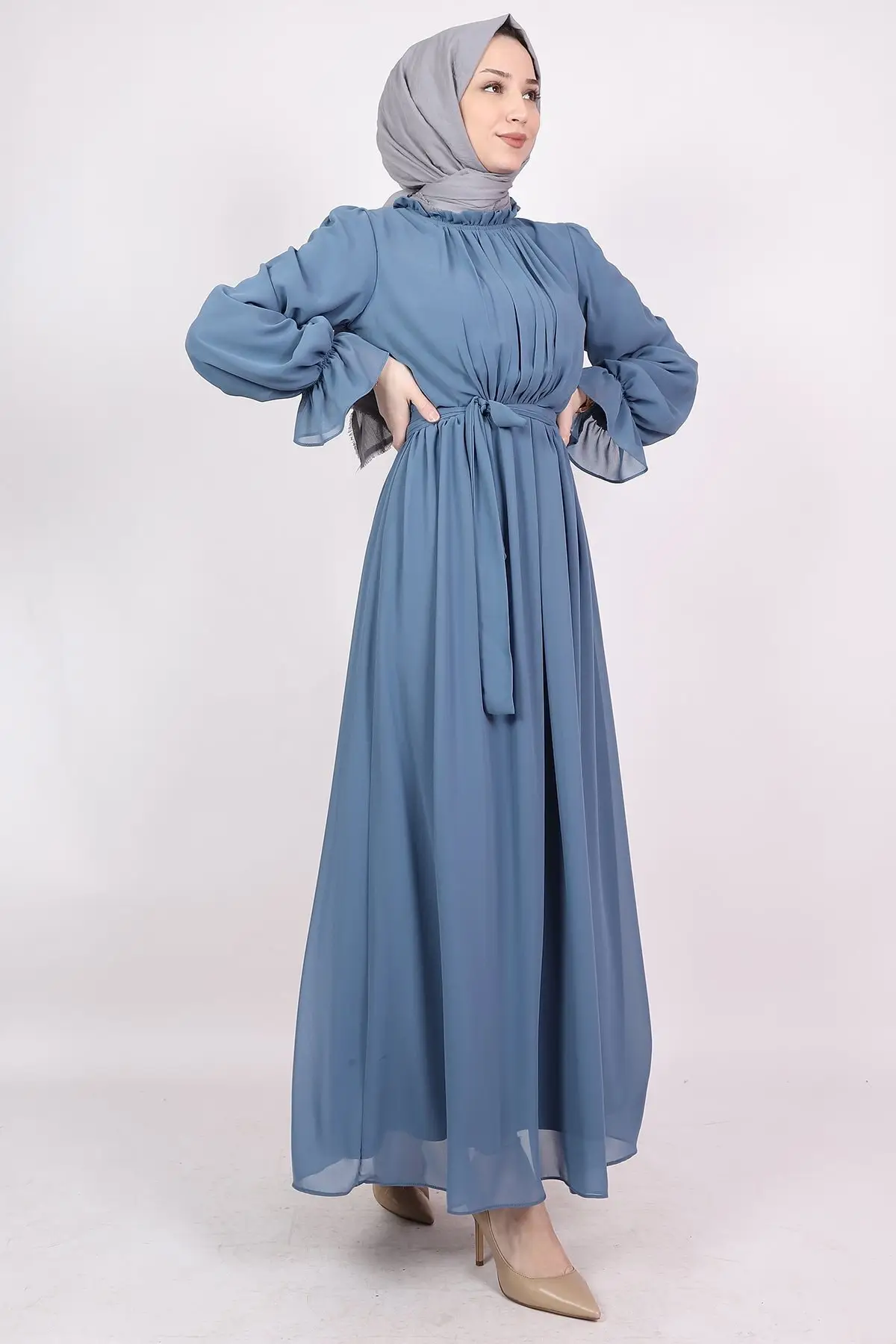 

Turkey Muslim Blue Stylish Garment Dress Women Hijab Long Abaya Robes Islamic Clothing Traditional Ramadan Prayer Rug Arab