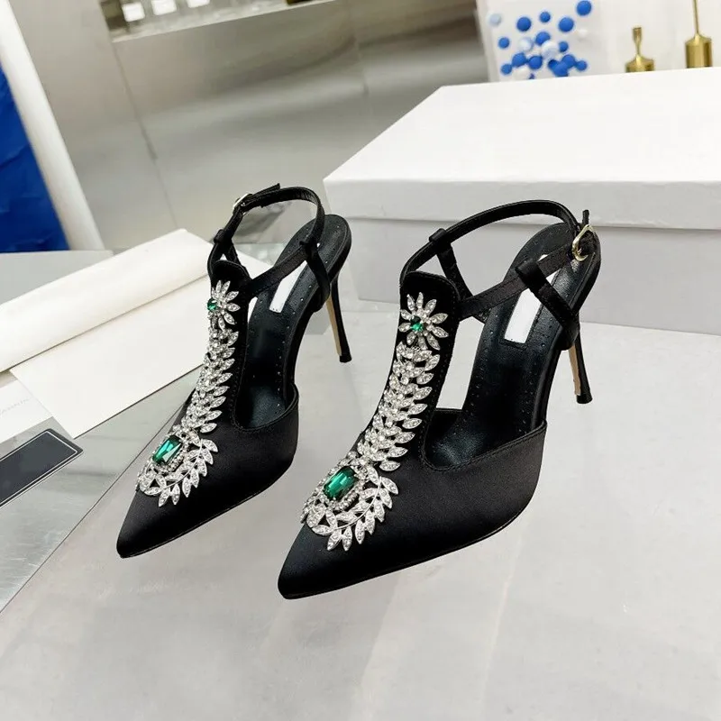 Pointed-toe ladies sandals 2023summer new rhinestone square buckle high-heeled toe stiletto satin chain back empty Roman shoes