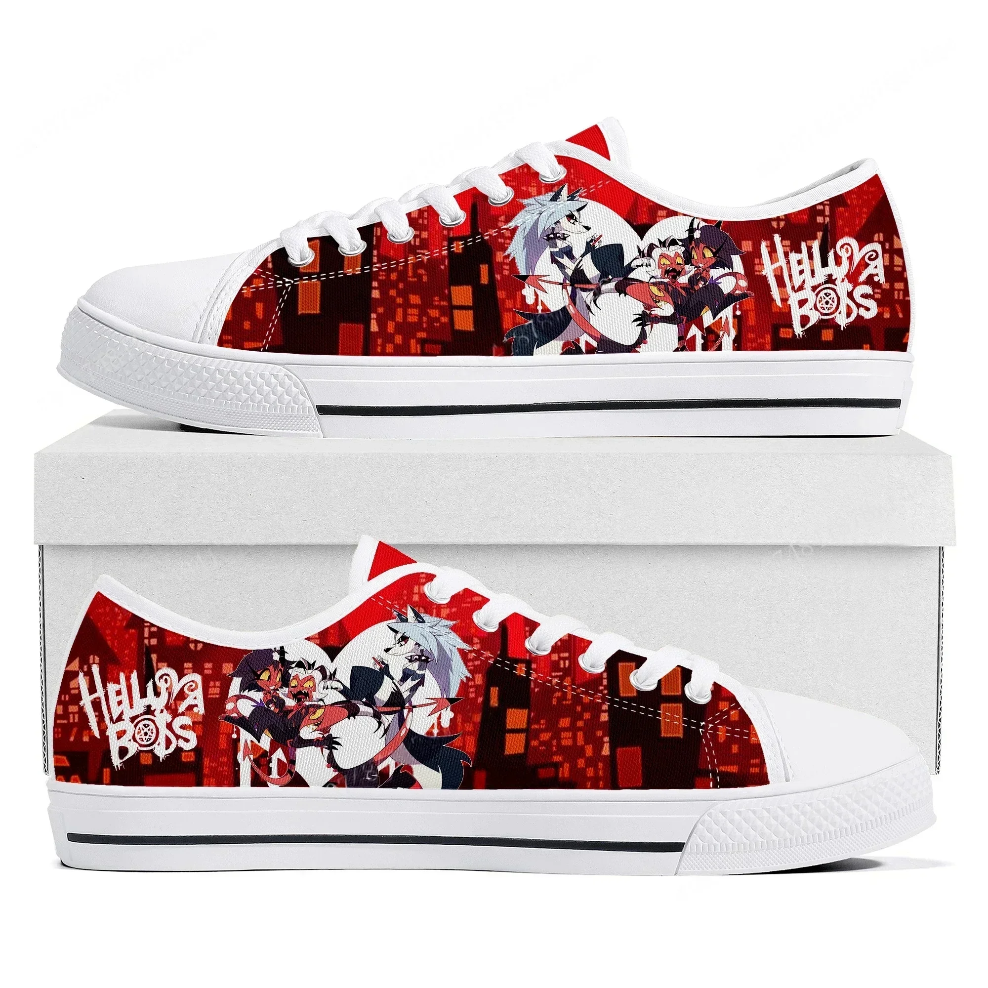 Фото Кроссовки Boss Anime Cartoon Manga Comic Helluva Low Top для женщин, мужчин и подростков, высококачественные кеды из канваса, обувь для пар, изготовленная на заказ №2