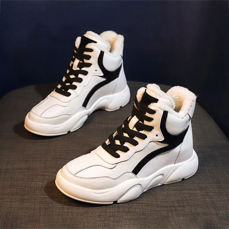 

Women Winter Sports Shoes 2021 New Fashion Female Flats Casual High-top Lace Up White Plush Warm Woman Platform Running Sneakers