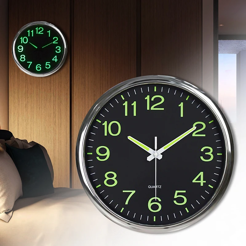 

12" Wall Clock Luminous Glow In Dark Silent Non Ticking Battery Operated Decors