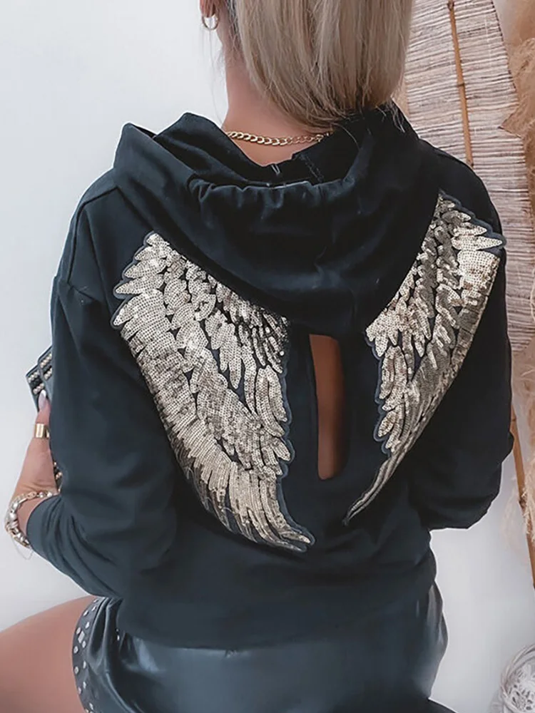 

Sequin Wing Pattern Cutout Hooded Tops Women Long Sleeve Casual Drawstring Sweatshirts