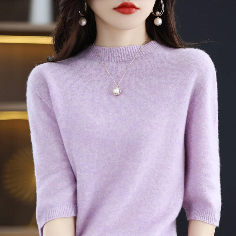 

Summer New First-Line Ready-To-Wear Seamless Pure Wool Sweater Women's Semi-High-Necked Cropped Sleeve Bottoming Shirt Top