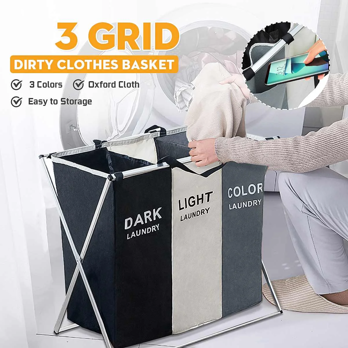 

2/3 Grid Oxford Cloth Foldable Laundry Basket Organizer For Dirty Clothes Laundry Hamper Large Sorter Collapsible Folding Baske