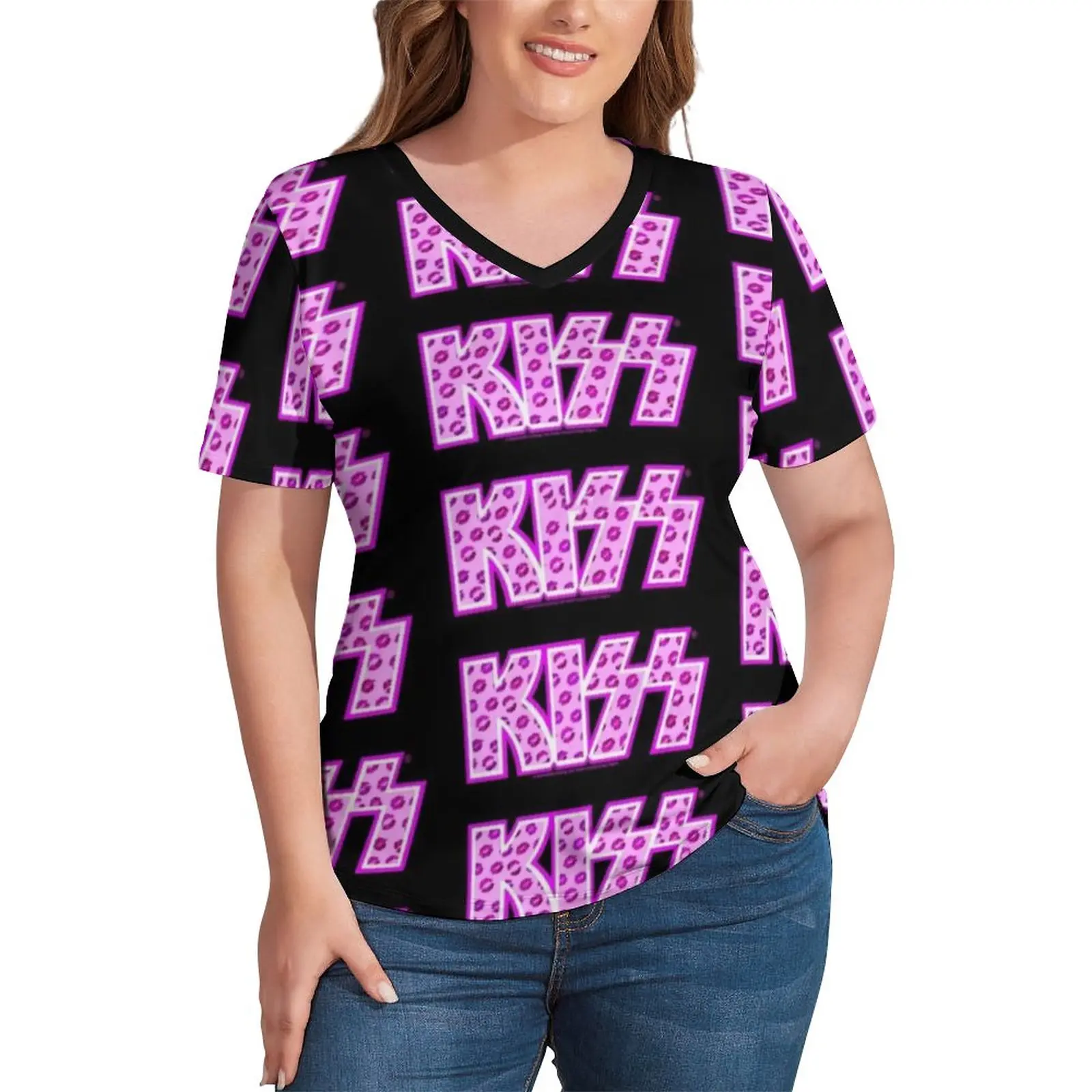 

Kiss Band T-Shirts Pink Lips Logo Street Wear V Neck T Shirt Short Sleeves Pretty Oversize Tees Beach Prin Tops Birthday Present