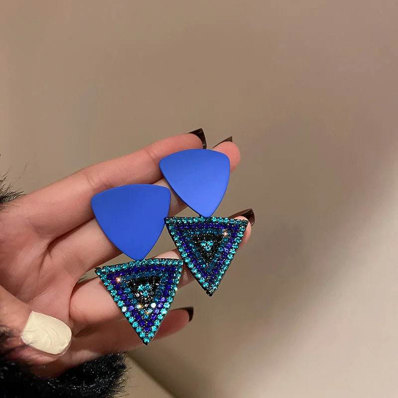 

925Korean Style Triangle Blue Rhinestones Dangle Earrings Fashion Geometric Drop Earrings Women Girls Jewelry Gifts