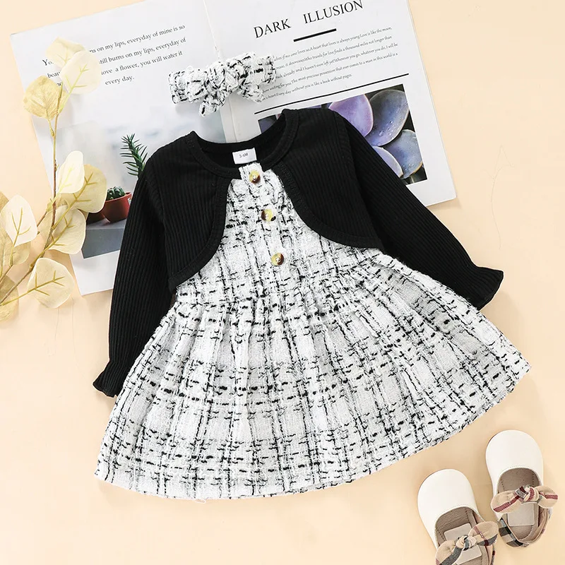 

Baby Girl Dress Suit Spring Autumn Grace Black White little Lady Long Sleeves Outfit with Headband 3M 6M 9M 12M 18M 2Y 3Y