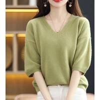 merino 100 pure wool sweater womens knitted pullover short sleeved t shirt spring and summer new v neck puff sleeve loose tops
