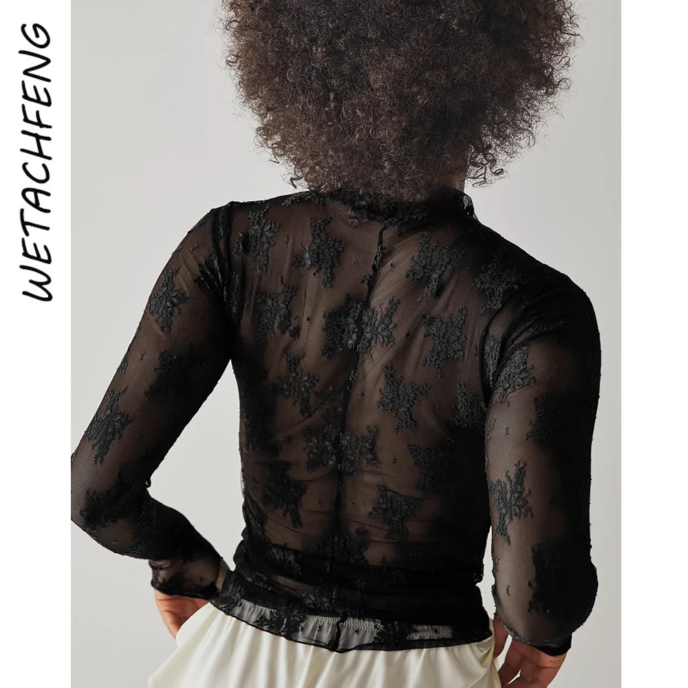 Черные сексуальные модные кружевные футболки топы женские летние с длинным