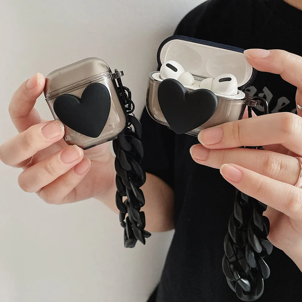 

Clear Black Heart Cool Case for AirPods 3 2 Cute Transparent Cover with Retro Chain Keyring Earphone Case Funda for Airpods Pro
