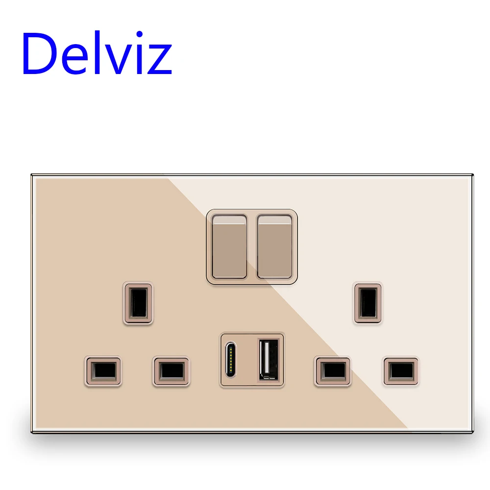 

Delviz UK standard USB Socket, Crystal glass panel, Switch control, 18W Type C Ports Quick charge, 13A Wall Double Power Outlet