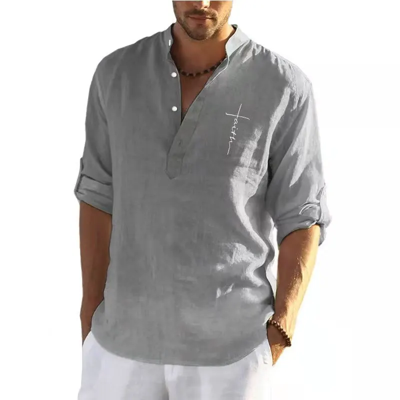 Spring Autumn Cotton Linen Shirts Mens Vintage Pattern Long Sleeve Tops Fashion Stand Collar Casual Loose Men Shirts Streetwear