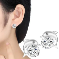 huitan silver color dolphin earrings with round cubic zirconia fancy womens ear accessories cute birthday gift fashion jewelry