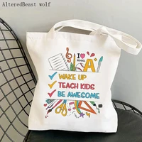 teacher supplies shopper bag wake up teach kids be awesome bag harajuku canvas shopper bag girl handbag shoulder lady gift bag