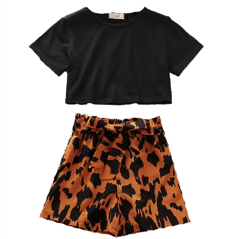 

New Kids Clothes Girl 6-12Y Children Sexy Outfit Short T-shirt Top + Leopard Print Shorts Cotton Girls Clothing Costume For Girl