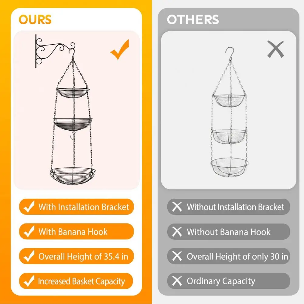 

Kitchen Countertop Organization Capacity Hanging Fruit Basket with Banana Hook Stylish Kitchen Snacks Vegetable Storage Shelf