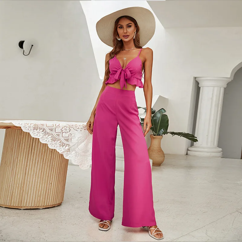 

New Spring and Summer Rose Red Suspender Tube Top Backless Sexy Blouse Womens Long Flared Pants Suit