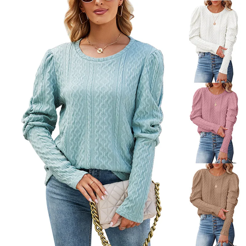 

2022 Autumn and Winter New Solid Color Jacquard Round Neck Puff Sleeve Knitted Sweater Women's Fashion Crop Top Woman Clothes