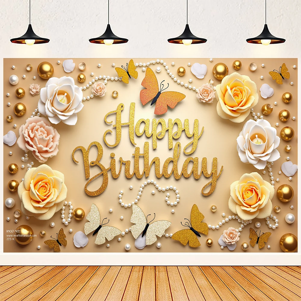 Баннер с днем рождения бабочка роза золотая тема украшение для дня фон флаги