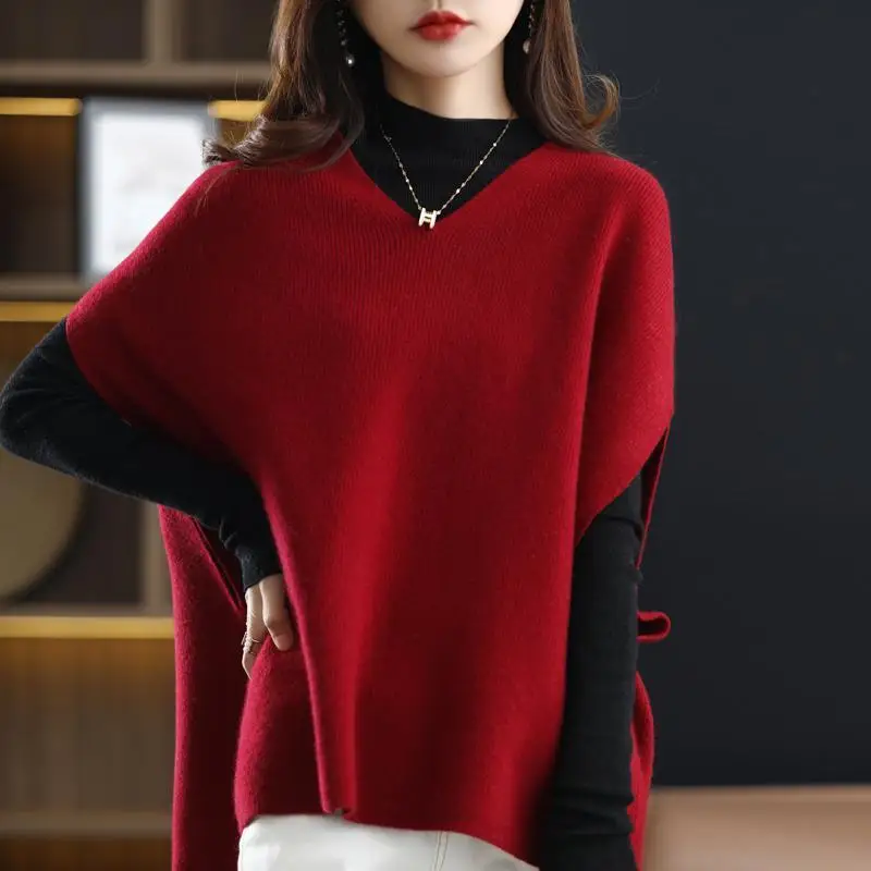 

Korean 2022 Autumn Winter New Sweater Vest Female V-neck Batwing Sleeve Solid Sleeveless Loose Knitted Top Loose Casual Pullover