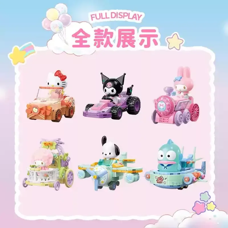 Фото Sanrio Cute Kuromi, строительный блок, игрушечный автомобиль, собранная модель автомобиля из маленького флота, настольное украшение для девочек, праздничный подарок №1