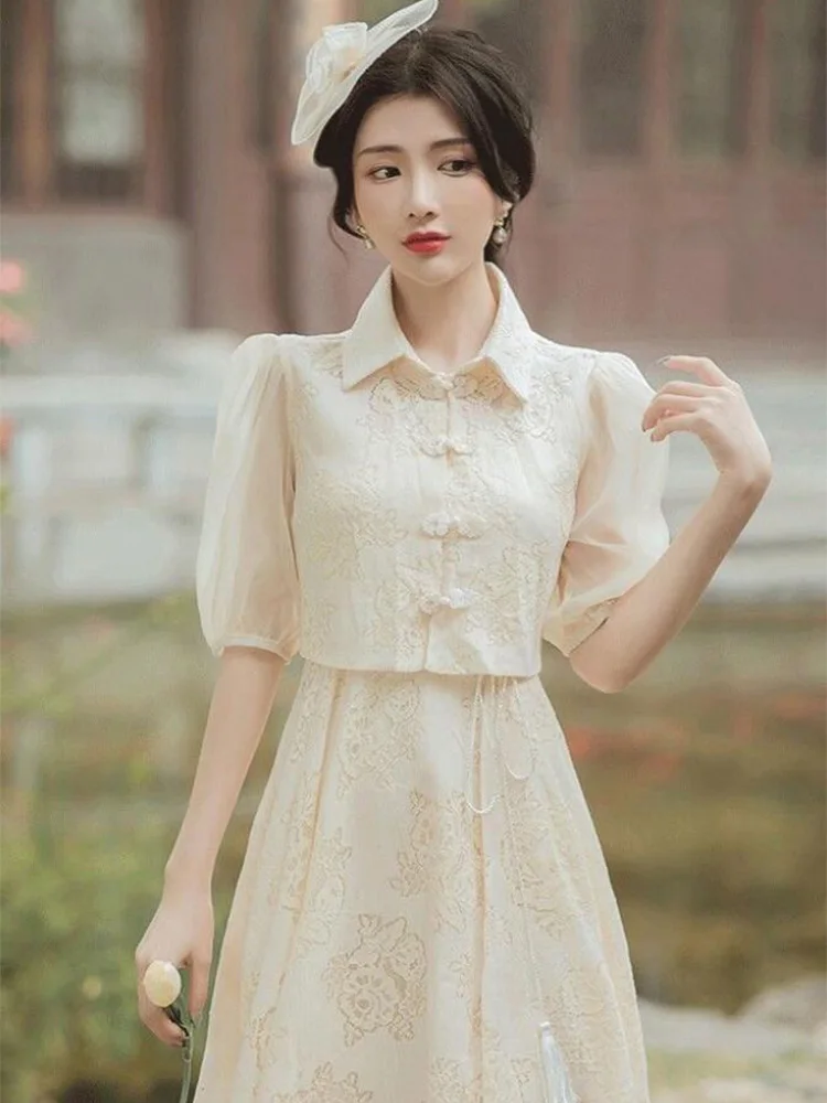 

CON French Retro Puff Sleeves Sweet Lolita Dress Fairy Literary Waist Lace Dress